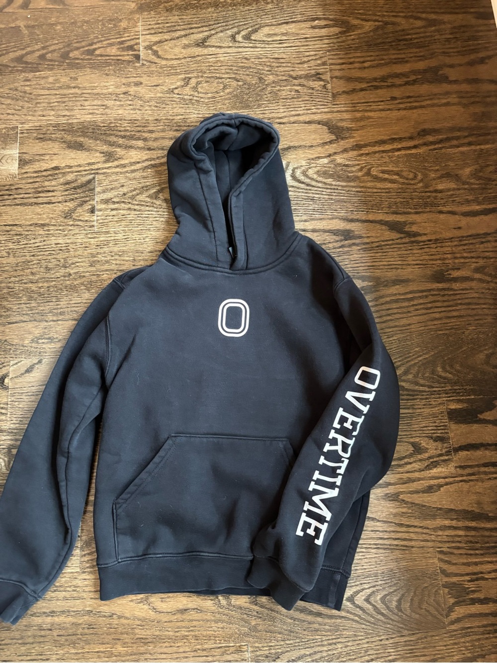 Kids Black Pullover Hoodie with 'OVERTIME' Sleeve Print - YM